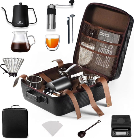 Essentials 360 V60 coffee travel kit with open carry case and brewing accessories