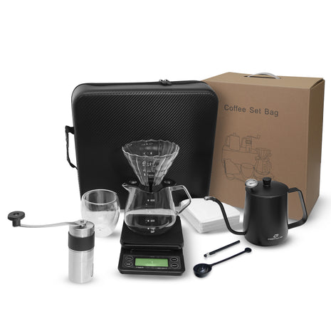 Pour-over coffee set with grinder, glass dripper, server, kettle, scale and carry case